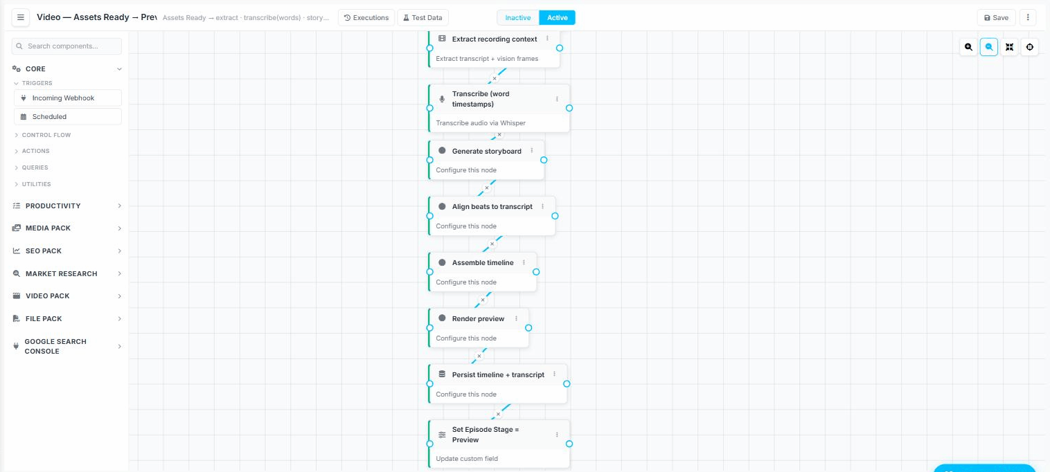 The Mattering Automations visual workflow canvas with a chain of connected nodes and a palette of worker operations