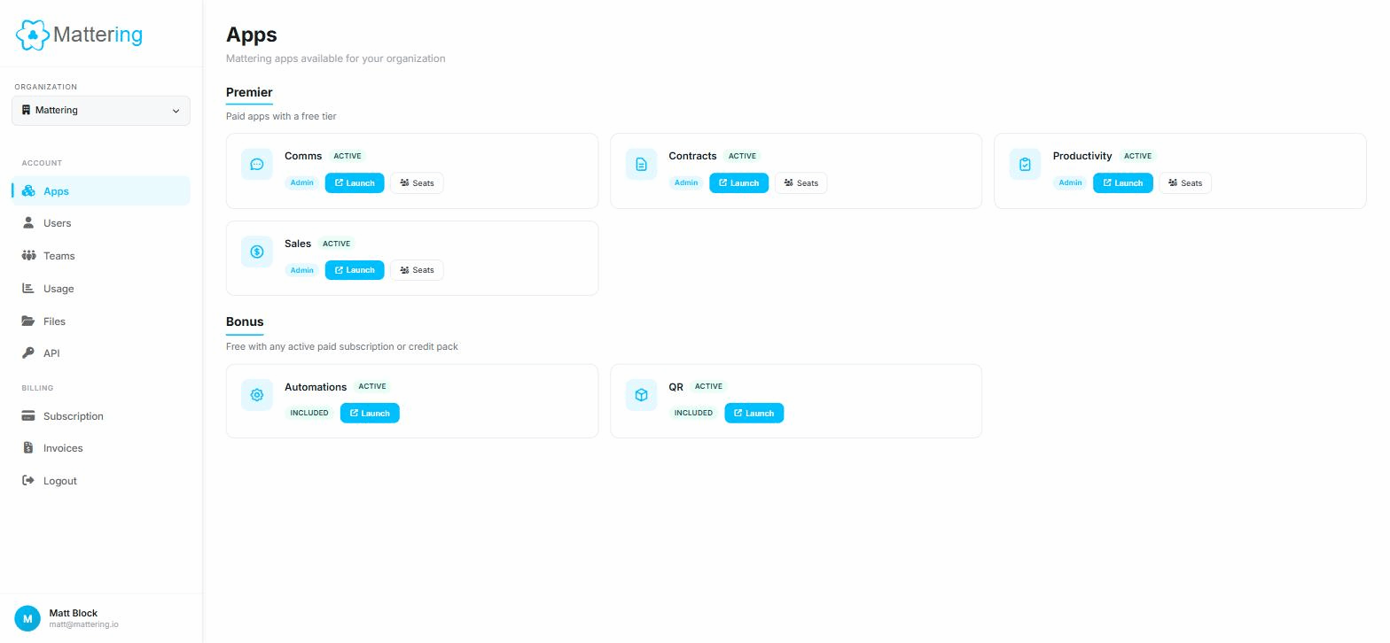 The Mattering platform hub showing Premier apps and Bonus apps available under one account