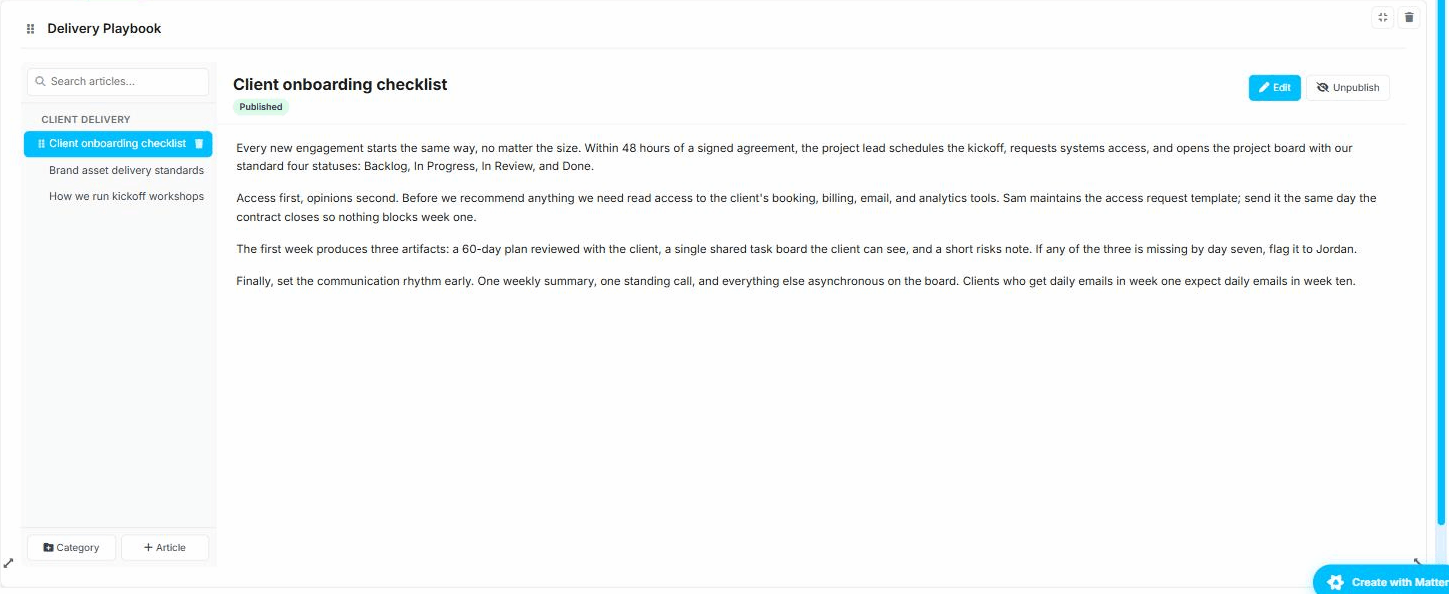 A published playbook article inside the Mattering Productivity docs widget