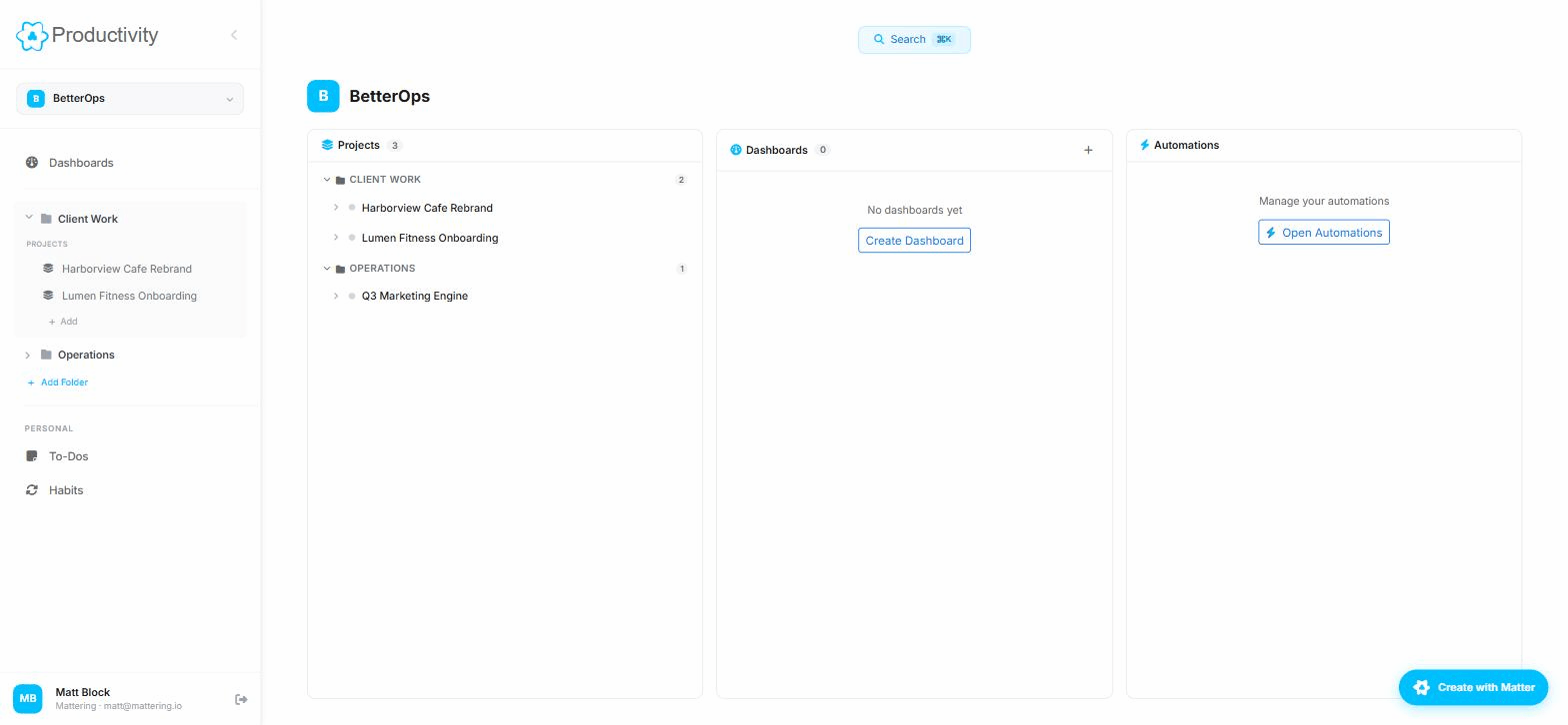 A Mattering Productivity space home page with folders and projects arranged in a clean grid
