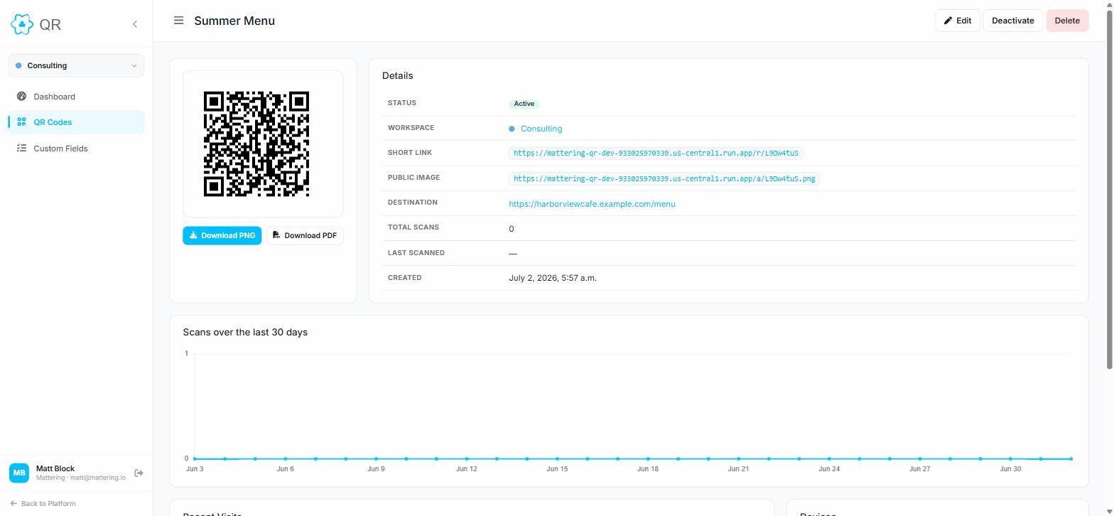 A Mattering QR code detail page with the rendered code, its short link, and scan analytics