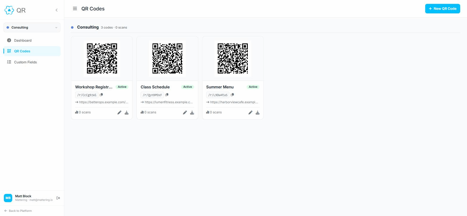 The Mattering QR codes grid showing several rendered QR codes organized in a workspace